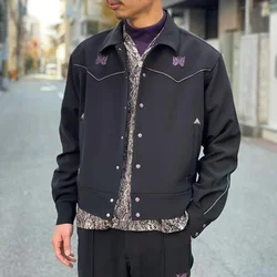 Arrival Purple Butterfly Embroidery+Stripe Cotton Jacket Coat Lapel Collar Oversize Men Women Button Black Long Sleeve