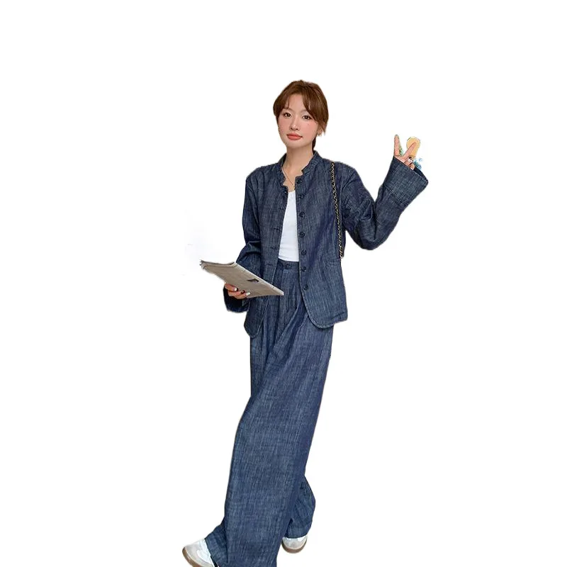 SuperAen moda Vintage Denim camisa de manga larga para mujer 2025 nuevos pantalones casuales de pierna ancha conjuntos de dos piezas
