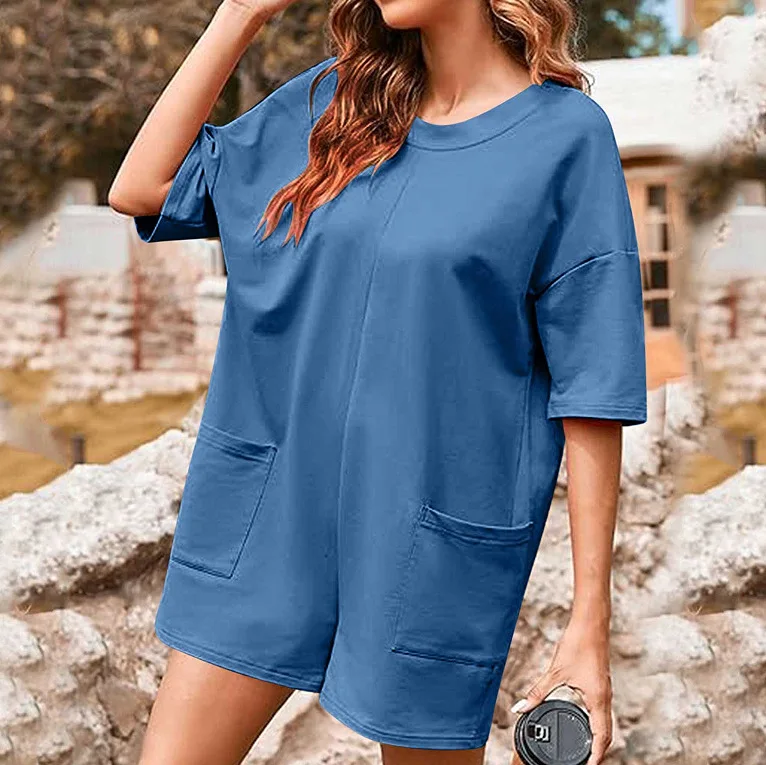 Summer Casual Jumpsuit Overalls For Women Oversized Loose Short Sleeve Shorts Jumpsuits With Pockets Rompers Bib Overall