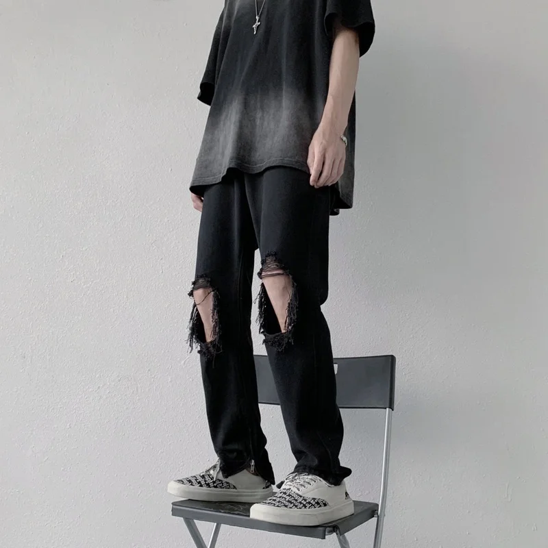 

Summer Street Sle Men's Ripped Denim Jeans Bla Split Hem Thin High-End Trendy Casual Loose Straight Leg Jeans for Teens