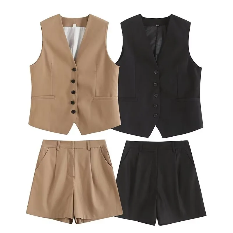 Summer Suit Female 2023 Casual Europe And The United States Loose Wide-Legged Shorts Grey Suit Waistcoat Two-Piece Set