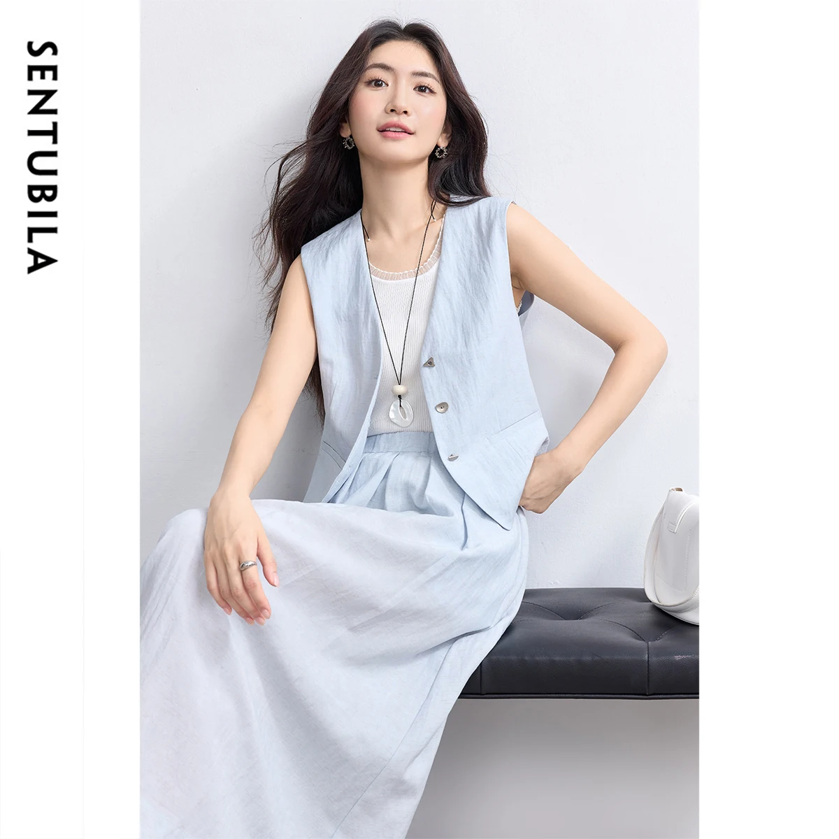 

SENTUBILA Summer Woman Skirt Suit 2025 Fashion Sleeveless Vest Jacket A Line Skierts 2 Piece Sets Commute Woman Outfit152ZE8759