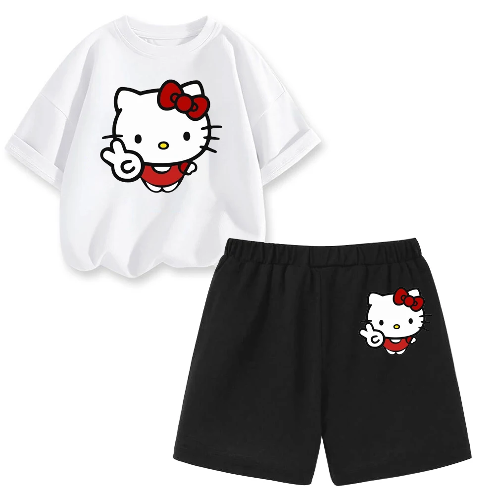

Девочки, мальчики, одежда Hello Kitty. Летняя хлопковая детская спортивная футболка с короткими рукавами для девочек + шорты, комплект из двух предметов