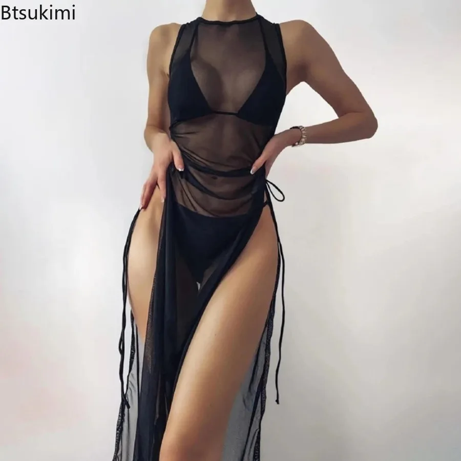 Women's Sexy Bikini Set 3-piece Set O-neck Side High Opening Swimsuit Tight Fitting Low Waist Drawstring Split Top Beach Skirt