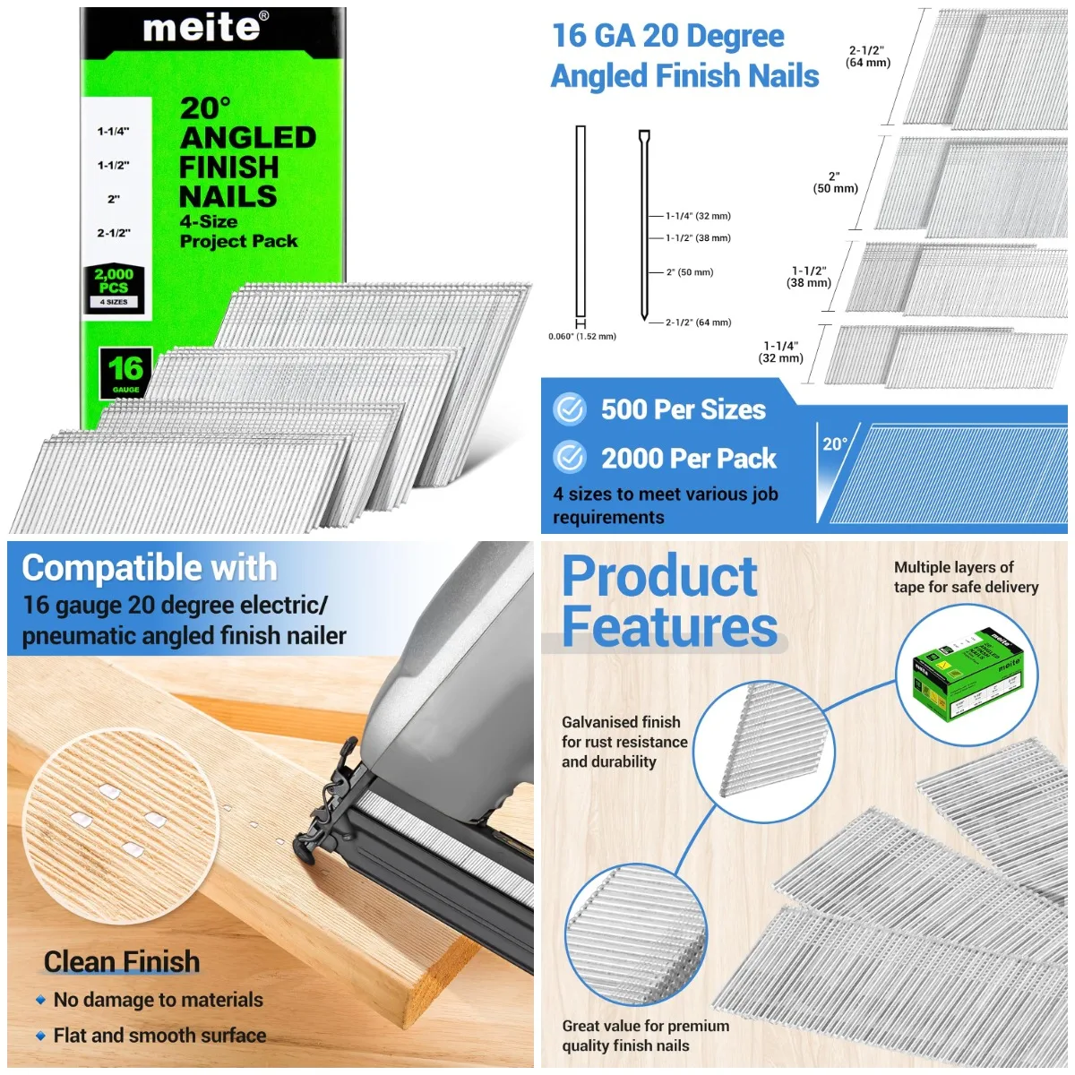 

16 Gauge 20° Angled Finish Nails, 2000-Pack Assorted Sizes, Galvanized, for Pneumatic/Electric Nailers (2-1/2', 2', 1-1/2', 1-1/