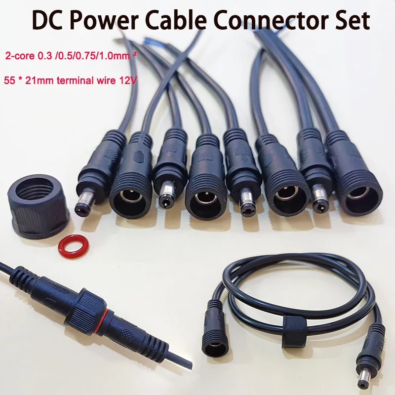 Waterproof DC Power Connector 5.5x2.1mm 2-Core 0.3-1.0mm² Male Female Extension Cable 1-3M for 12V Monitoring & Electronics