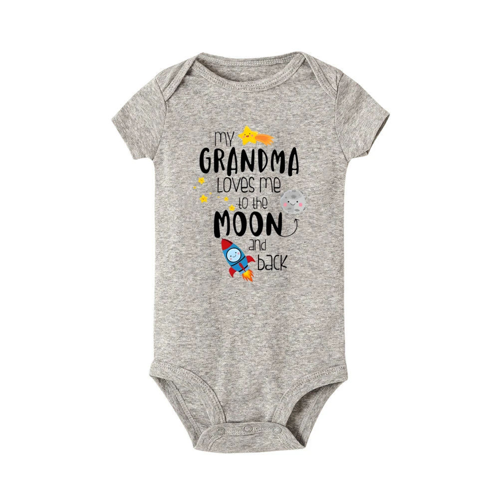 My Grandma Loves Me To The Moon and Back Printed Baby Bodysuit Funny Newborn Jumpsuit Infant Short Sleeve Romper Toddler Clothes