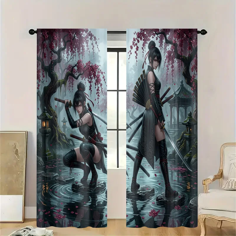 Anime Sakura Cherry Blossom Fantasy Window Curtains Ninja Samurai Asian Mythology Decoration Drapes Semi Sheer Room Window Panel
