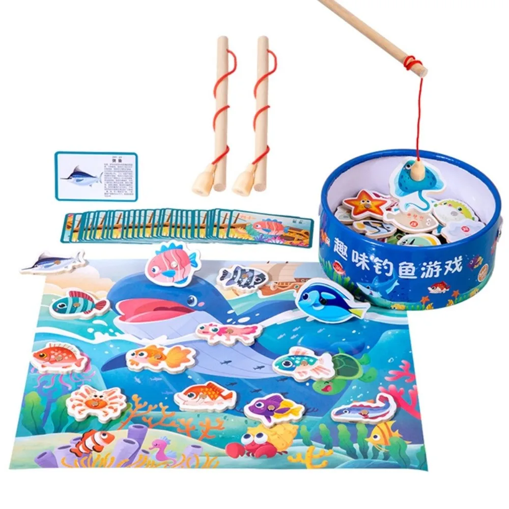 New Montessori Wooden Fishing Toys Colorful Intelligence Magnetic Fishing Game Marine Life Cognition Toy Home Learning
