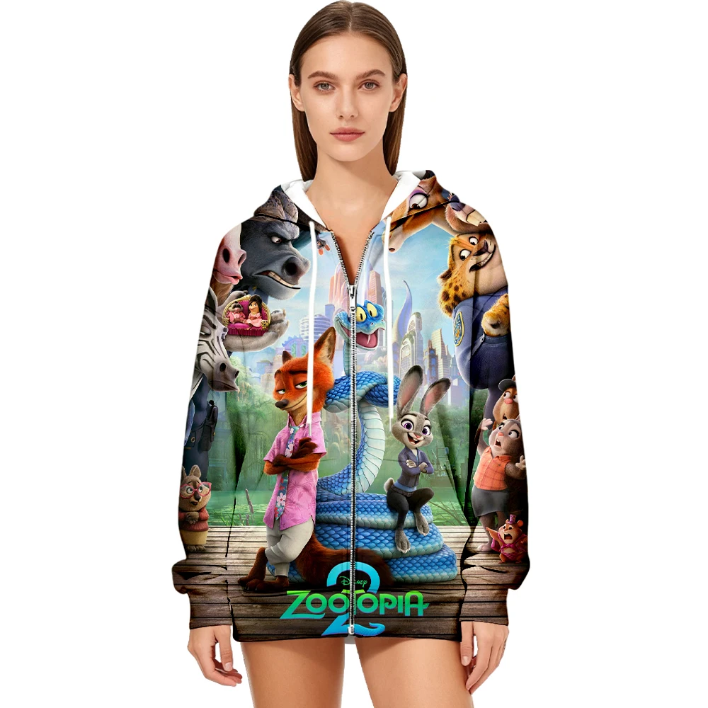 Nowa damska zimowa bluza oversize z kapturem i zamkiem błyskawicznym, nadruk z postaciami z Zootopia 2, styl uliczny Y2K, damska zimowa bluza z kapturem