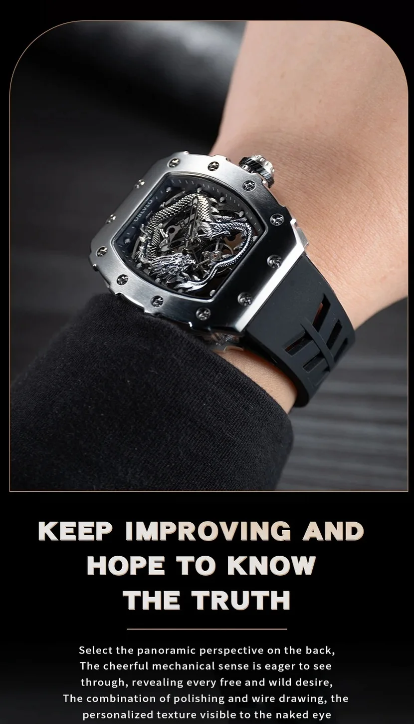 OBLVLO ساعة أوتوماتيكية للرجال Tonneau ساعة يد ميكانيكية مضيئة مفرغة بمينا تنين ومرآة ياقوتية