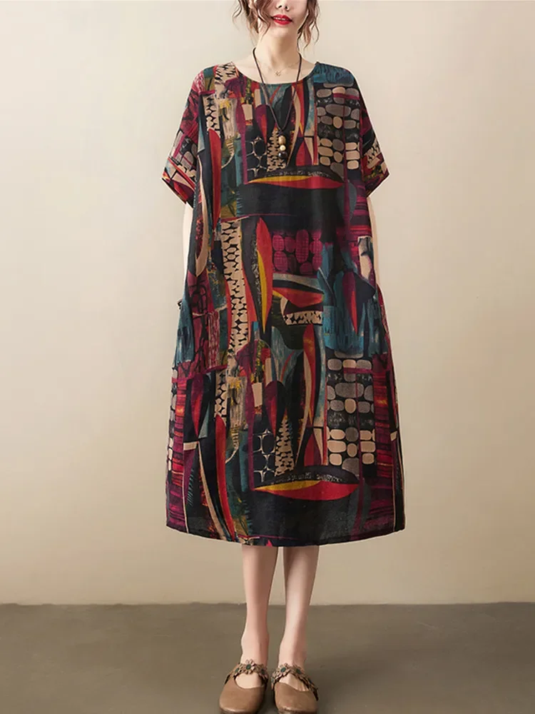 

Хлопковые винтажные платья с короткими рукавами и цветочным принтом для женщин, повседневное свободное летнее платье, элегантная одежда 2025