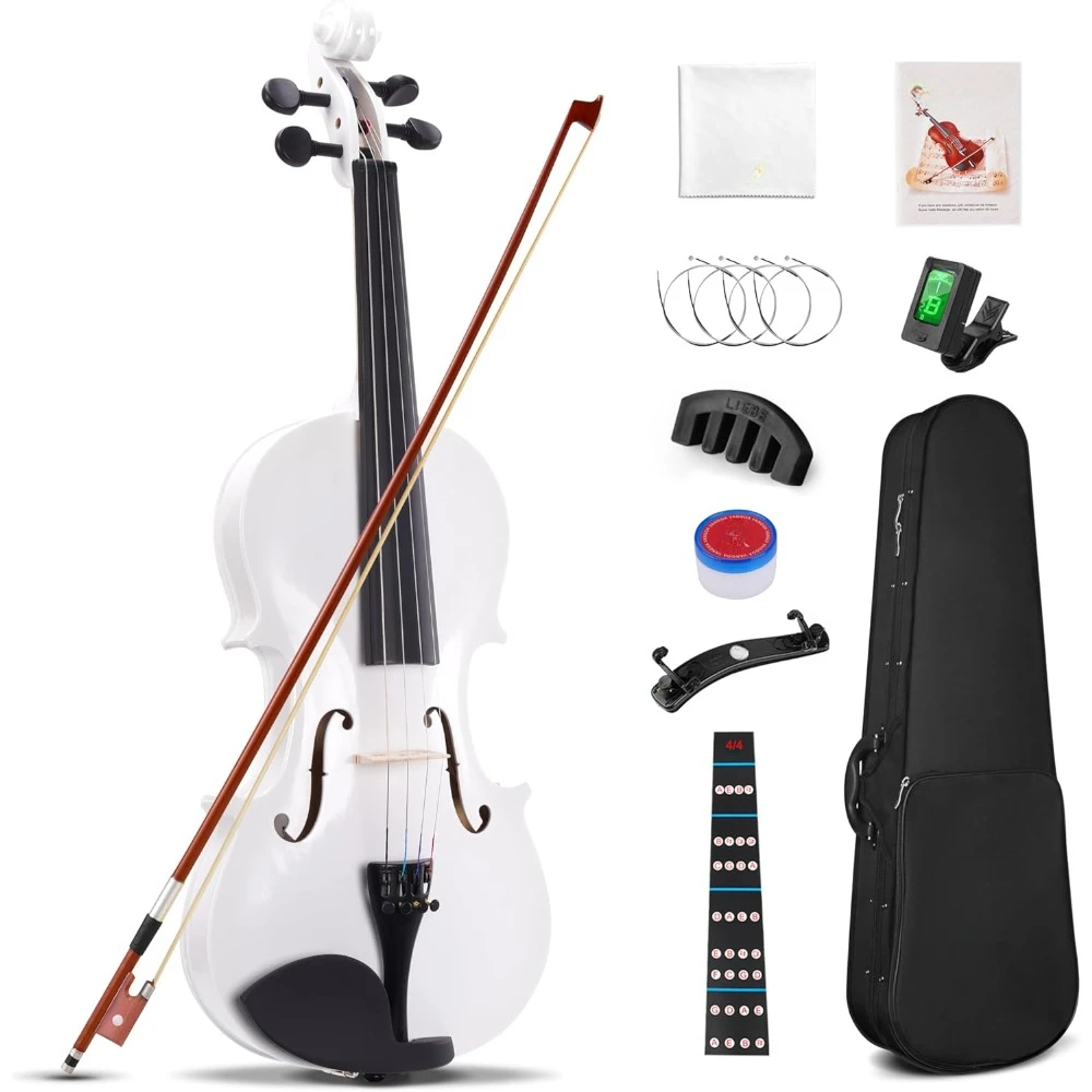 

4/4 Violin Full Size Set, Adult Beginner Fiddle Pack with Hard Case, for Teens Kids 9-12,Starter Acoustic Violin White Kit