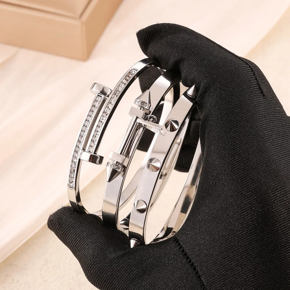 Minimalist Stainless Steel Willow Nail Bracelet Set for Women Shiny Cubic Zirconia Jewelry Gift Waterproof Fashion Accessory view 4