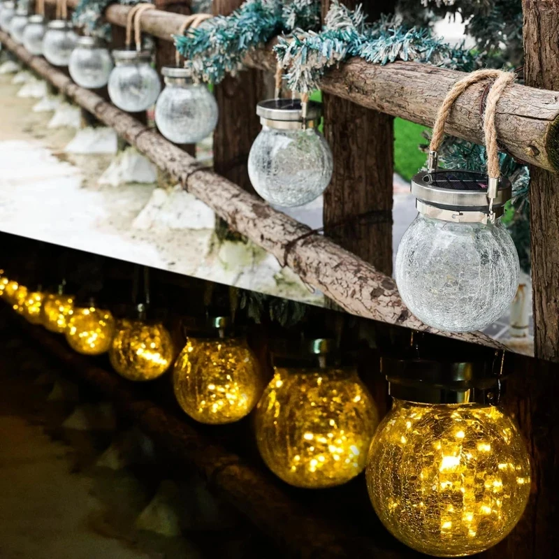 

LED Waterproof Outdoor Hanging Lamp Crackle Glass Solar Lantern With Firefly Lights Decorative Lighting for Garden Patio Table