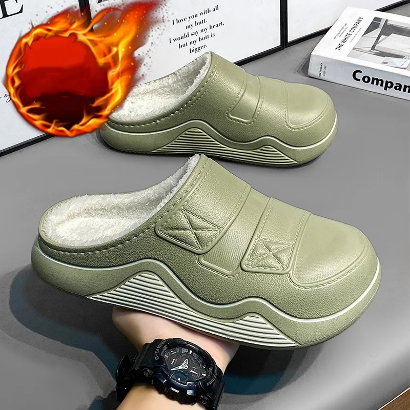 Zapatillas de algodón para hombres y mujeres, ropa exterior de otoño e invierno, antideslizantes, impermeables, con forro polar, cálidas, zapatos de algodón sin cordones, zapatillas de punta cerrada para el hogar