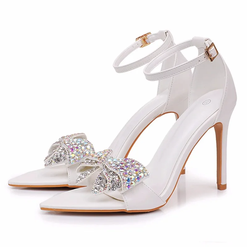 

Pointed Open Toes White Glitter Bow Shoes Women's Stiletto High Heels Sandals Ankle Strap Cover Heel Shoe 10.5cm Plus Size 43 44