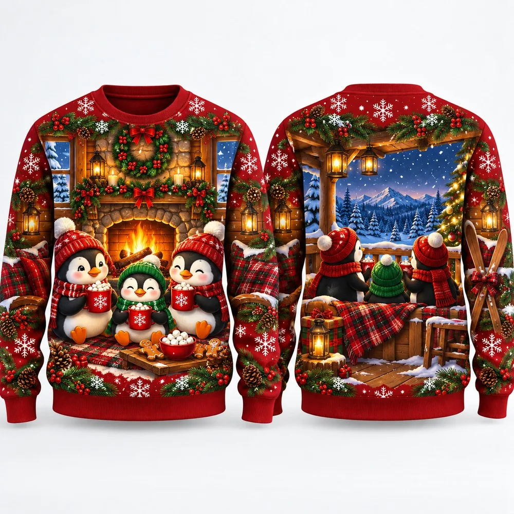 Hot Penguin Ski Lodge Ugly Christmas Sweater for Men Women Festive Holiday Party Crewneck Pullover Long Sleeve Gift Sweaters