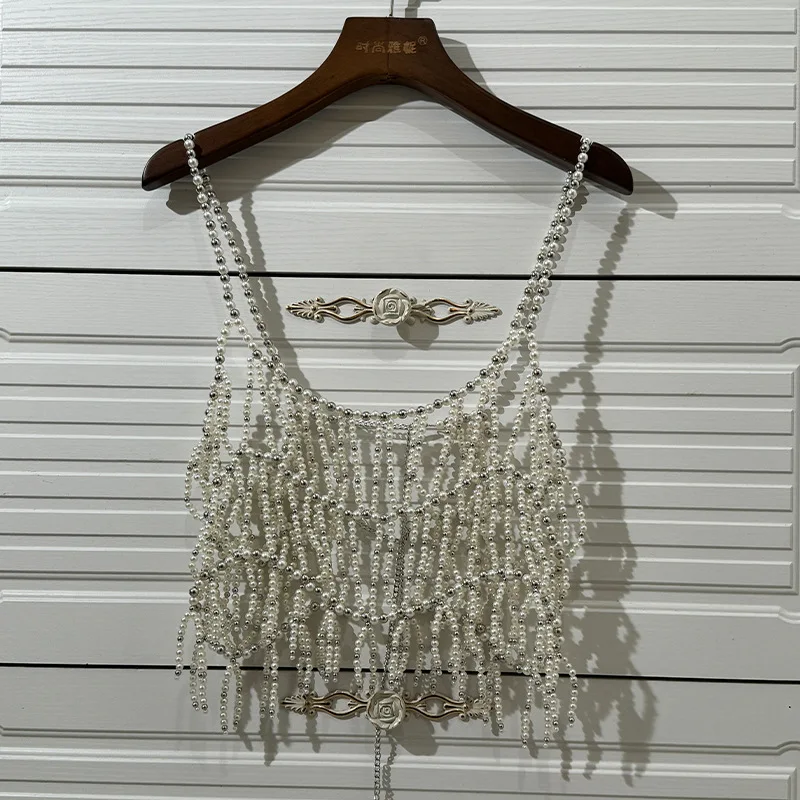 Checkered Retro Pearl Bead Top With Hollowed Out Camisole Vest, Temperament, Body Chain, Slim Fit, Trendy Outer Chest Accessory