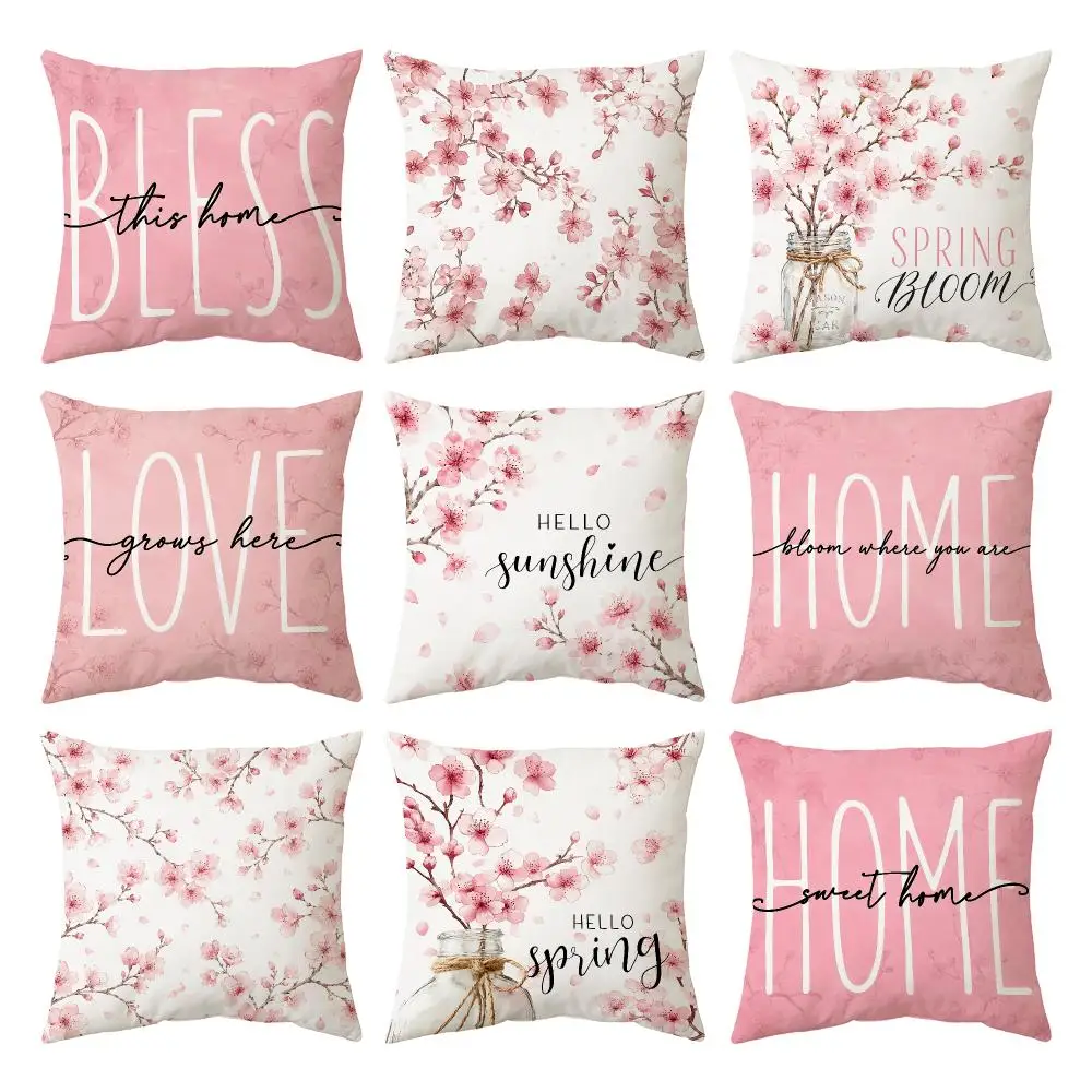 Cherry Blossom Joy Cushion Cover Breathable Cool Natural Durable Linen Printed Pillow Case Decor Sofa Bedroom