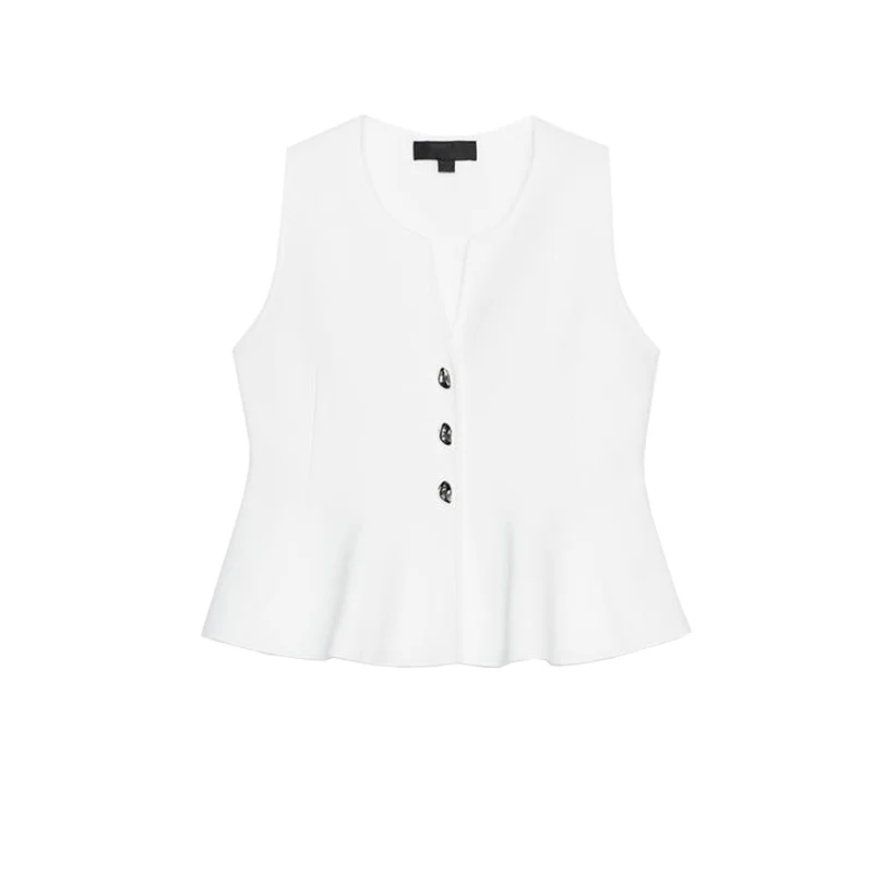 بلوزة نسائية صيفية جديدة محبوكة بتصميم تنورة قصيرة، ياقة مستديرة بسيطة، مزينة بأزرار، طراز 5536075، مناسبة للعمل، تصميم ضيق