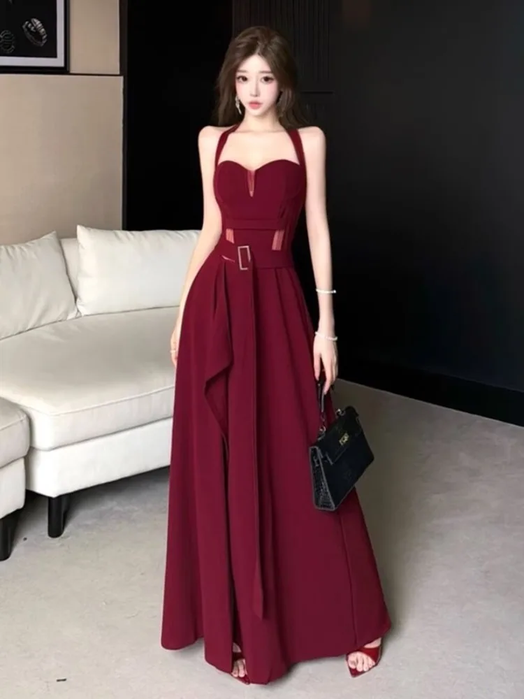 

Elegant Wine Red Neckline Dress Slimming Long Evening Gown for Women Sexy Chic Style High Waist Midi Skirt No Sleeve Summer