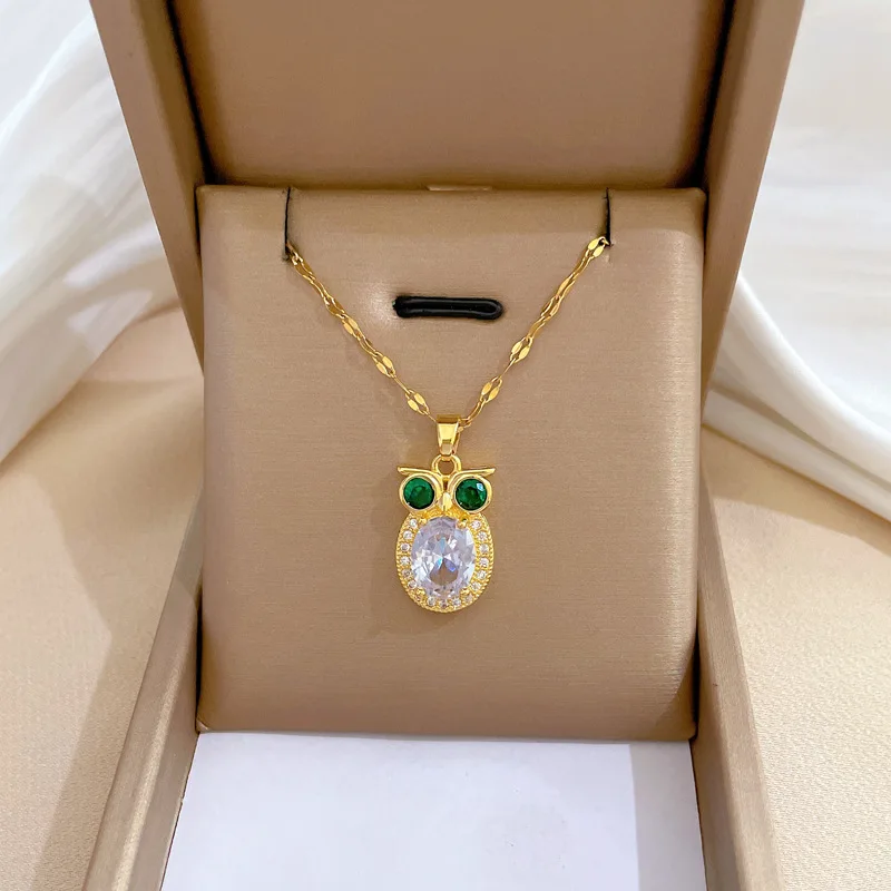 Stainless Steel Chain Classic Bling Cute Zircon Owl Pendant Necklace for Women Lady Lovely Owl Jewelry Accessories Gifts
