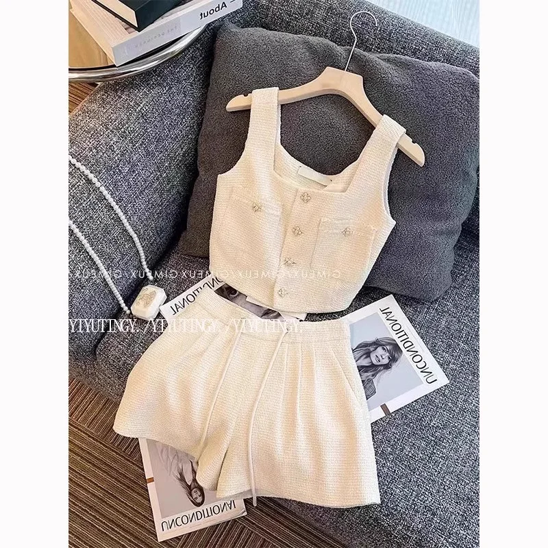 BESTBAFU الفاخرة تويد مجموعة مكتب ارتداء النساء أنيقة زر تانك القمم + الدانتيل متابعة السراويل المشاهير حزب الزي 2 قطعة دعوى 086P #2