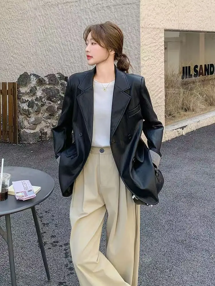 Women Faux Leather Suit Coats Solid Jacket Turn Down Collar Long Sleeve Double Breasted Loose Fit Office Lady Casual 2026 Autumn