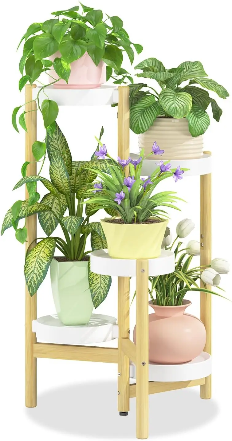 

5-Tier Bamboo Plant Stand with Plastic Trays, Space-Saving Corner Shelf for Indoor Outdoor Plants