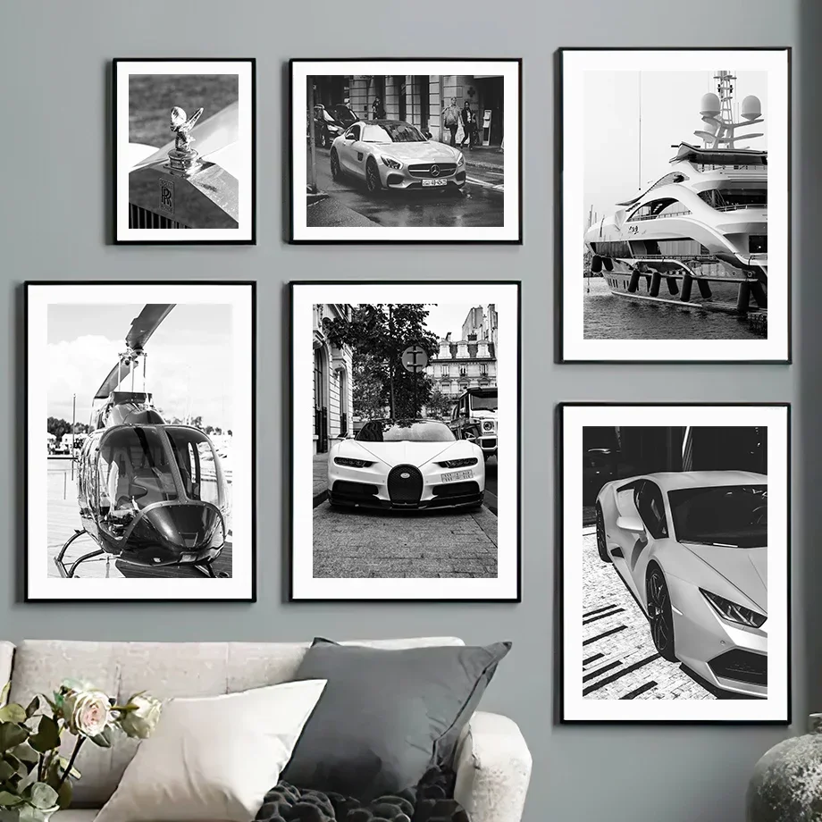 

Wall Art Canvas Painting Luxury Racing Car Yacht Helicopter Black White Living Room Decoration Posters Prints Home Wall Pictures