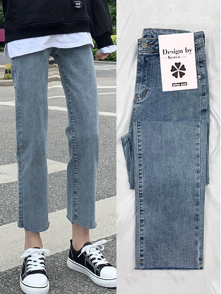 

Джинсы женские с высокой талией, прямые, на подкладке, осенне-зимние, новые, стройнящие, укороченные, эластичные, из денима