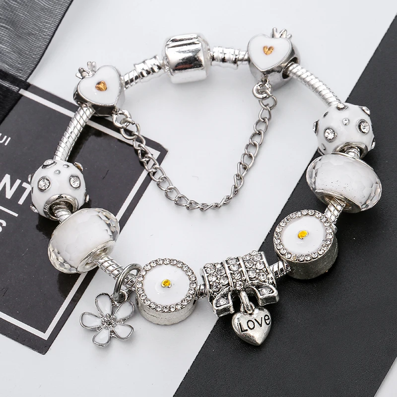 Original  Love Heart Crystal Fits Fine Bracelet With Clear Opal Glass Beads Charm Bracelet Bangle For Women DIY Jewelry