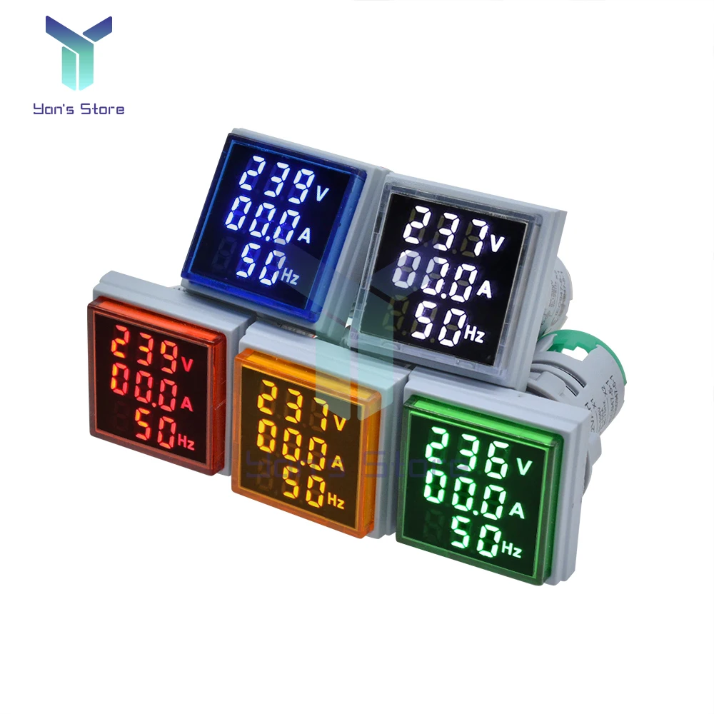 22mm AC 60-500V Square LED Digital Display 3-in-1 Voltmeter Ammeter Hertz Meter Round Transformer Indicator Tester 0-100A