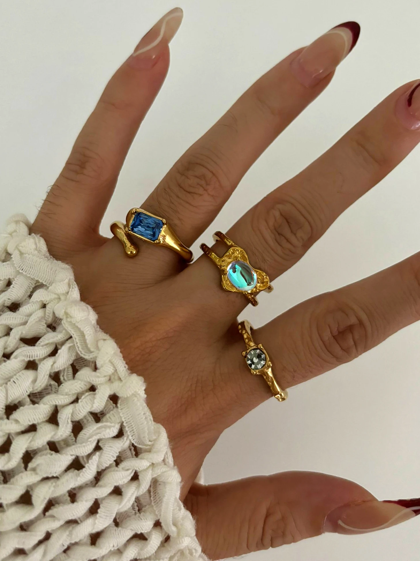 Peri\'sbox Vintage Elegant Gold Plated Geometric Moonstone Zircon Rhinestone Open Rings for Women Party Daily Jewelry Waterproof