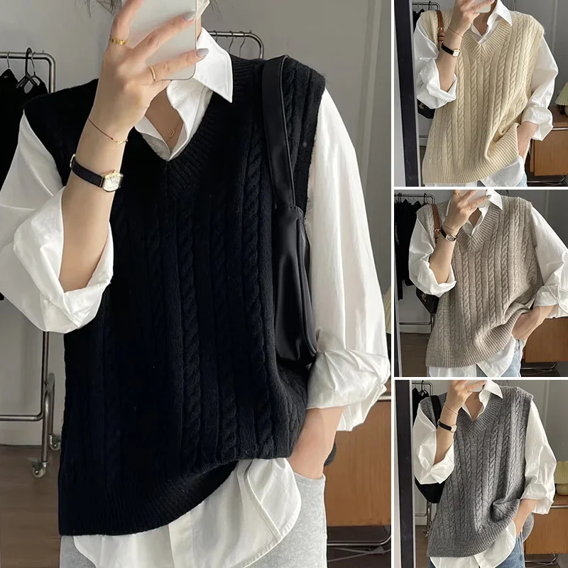 Sleeveless Sweater Twists Knitted Vest for Women Vintage Preppy Style Autumn Winter V-Neck Top Loose All-Match Waistcoat