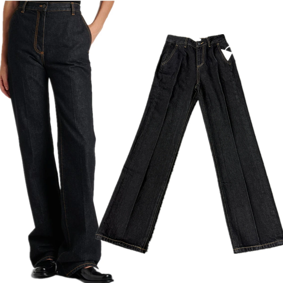 

Maxdutti Women's High-waisted Straight-leg Loose Casual Wide Leg Long Pants Navy Color Jeans Women's Denim Pants Woman Clothes