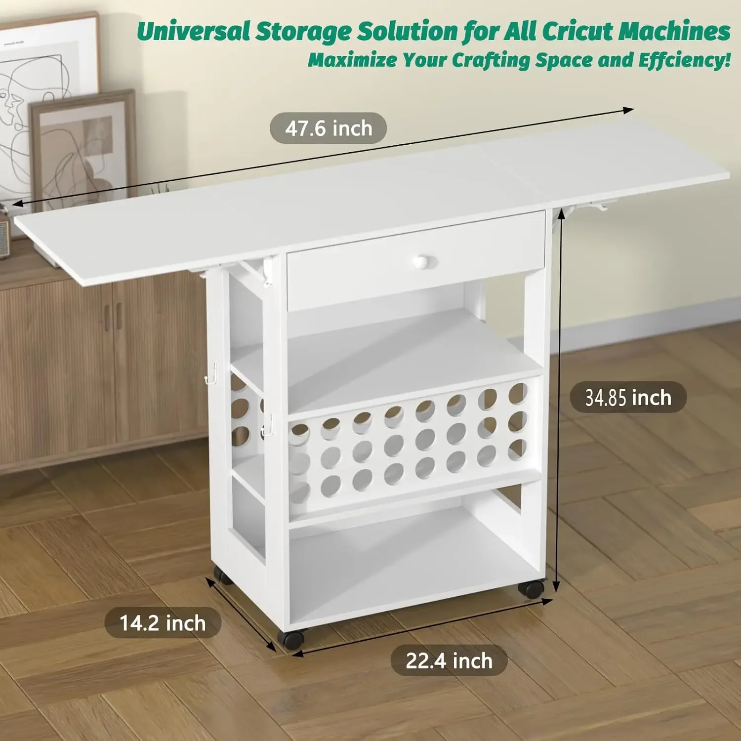 Craft Cart Compatible with Cricut Machine, Storage Rolling Cricut Cart Furniture with Foldable Sides & Drawer for Cricut Organiz