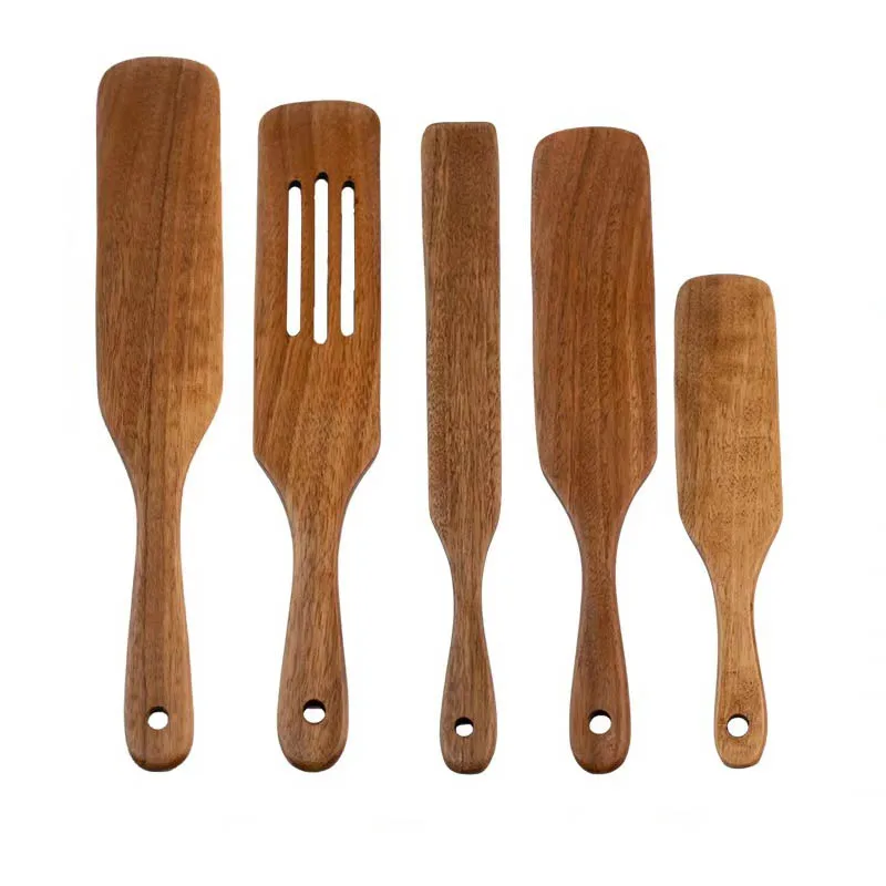 Spurtle Set,Wooden Spurtle Set of 5,Wooden Spoons for Cooking, Natural Teak Wooden Spatula for Cooking,Stirring, Mixing, Serving