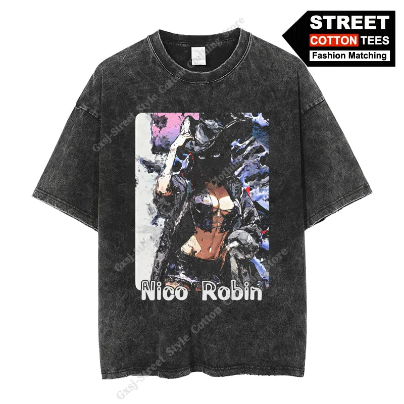 

ONE PIECE - Nico Robin T Shirt Anime Peripheral Clothing y2k Street styl Men Women Short Sleeve Cotton Washed Vintage Loose Tees