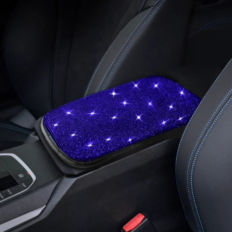 Bling Women Car Accessories Car Handbrake Gear Shift Rearview Mirror Armrest Cover Shoulder Pad Blue Rhinestone Decoration Set