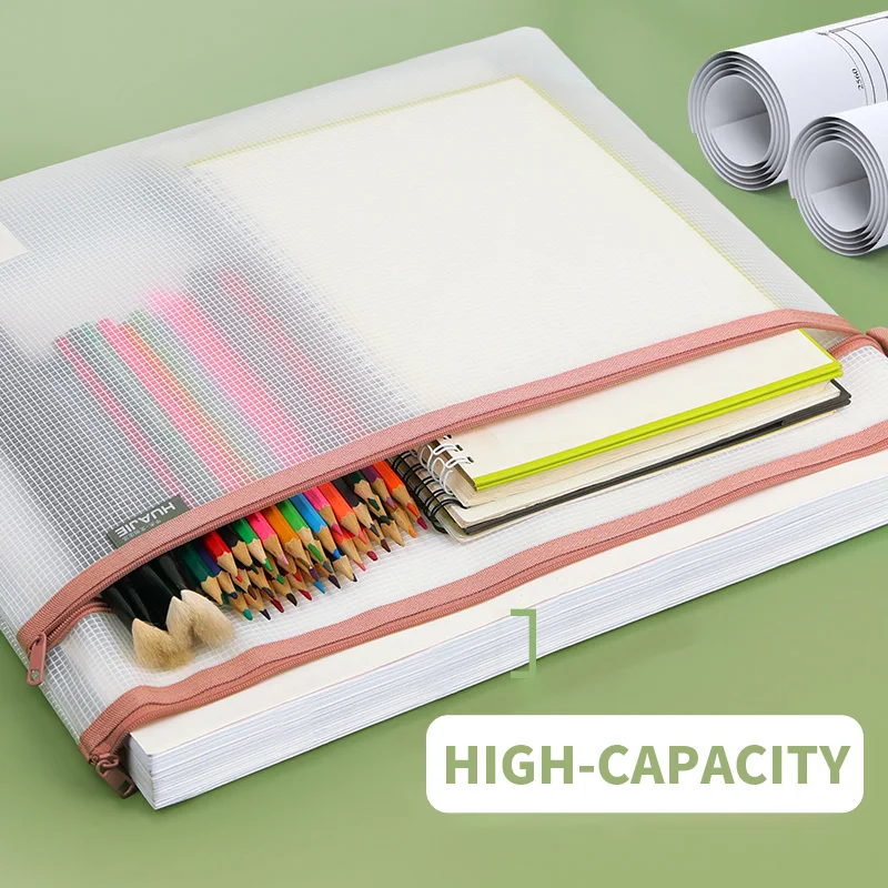 حقيبة ملفات HUAJIE A3 EVA، منظم مستندات سميك بسحاب مزدوج، تخزين ورق فني شبكي شفاف بسعة كبيرة للطلاب