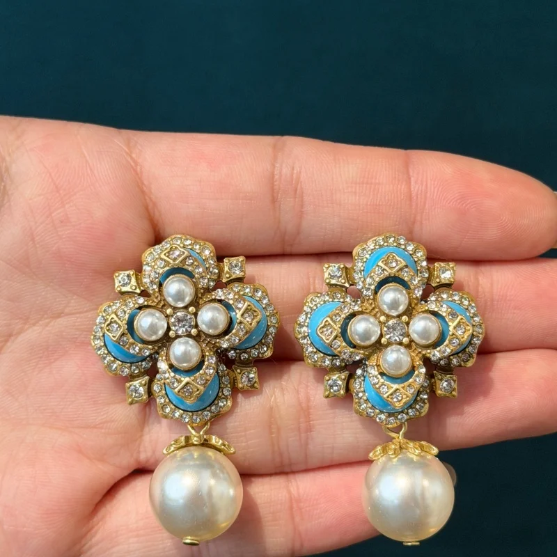 Vintage Exquisite Blue Pearl Flower Drop Earrings Palace Style High Grade Retro Turquoise For Women Quality Jewelry Gifts New