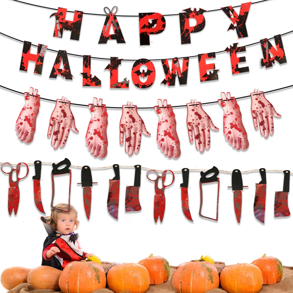 Halloween pull flag decoration blood knife lettere banner di carta forniture per feste casa stregata puntelli horror pull flower hanging de