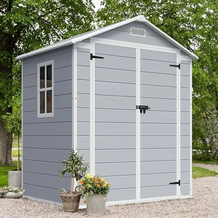 5x3/5x4/6x3/6x4/6x4.4FT Outdoor Storage Resin Shed w/ Floor & Lockable Door,Plastic Garden Tool Sheds for Patio Backyard Lawn