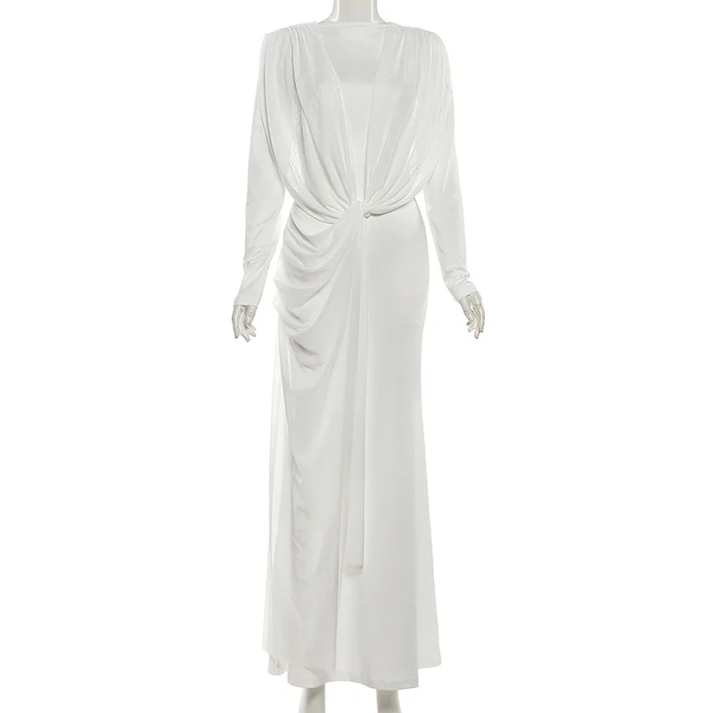 تويست Ruched غير المتكافئة شبكة كيب حورية البحر ماكسي فستان الحفلات المرأة أنيقة الصلبة س الرقبة كم كامل Bodycon ثوب مسائي الجلباب