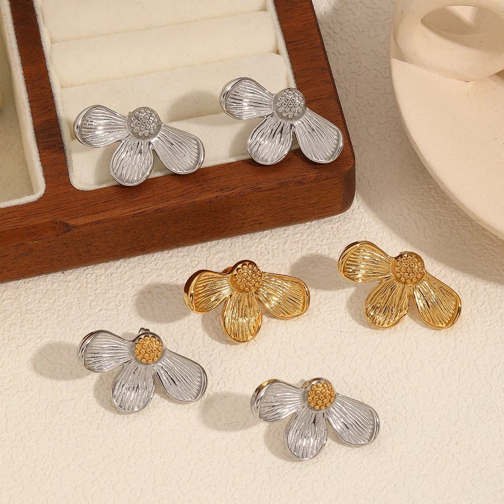 

Vintage Irregular Flower Ear Studs Stainless Steel 18k PVD Plating Gold Silver Color Mixing Earrings for Woman Jewelry
