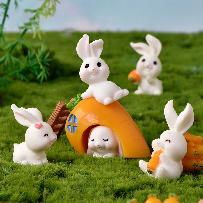 Mini Resin Rabbit Carrot Animal Figurine Easter Christmas Miniature Craft Bunny Garden Ornament Dollhouse DIY Home Decor