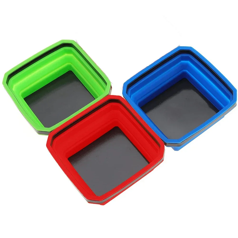 3pcs Collapsible Magnetic Parts Tray Set Foldable Magnetic Tray 4.5 Inch Square Silicone Bowls With Magnetic Base Organizer