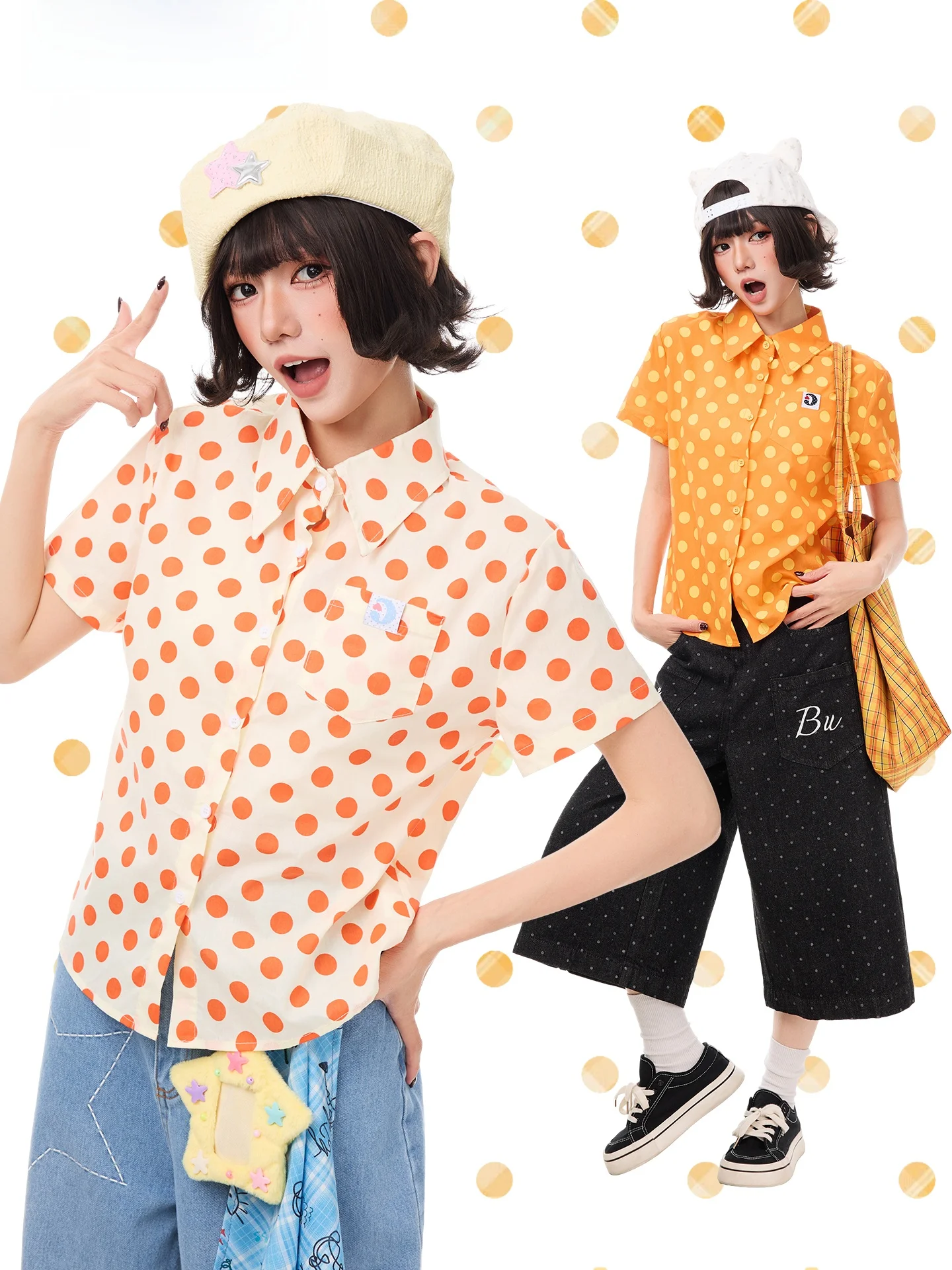 K787 Youthful Polka Dot Short Sleeve Shirt Women's Light Y2K Orange Color Short Model Loose Fit Casual Style Autumn Cotton
